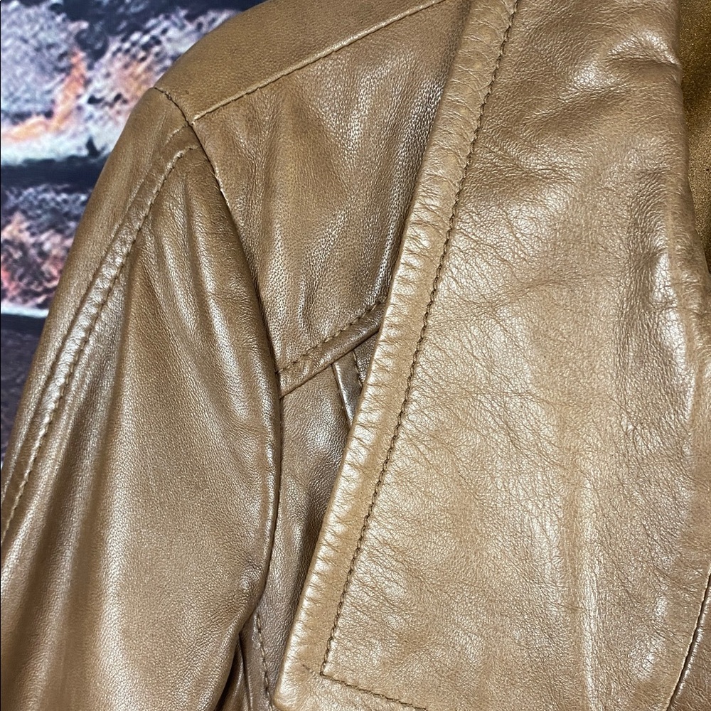 Danier Tan Brown Soft Classic genuine Leather Moto Biker Zip Up Jacket Sz S - Picture 10 of 17